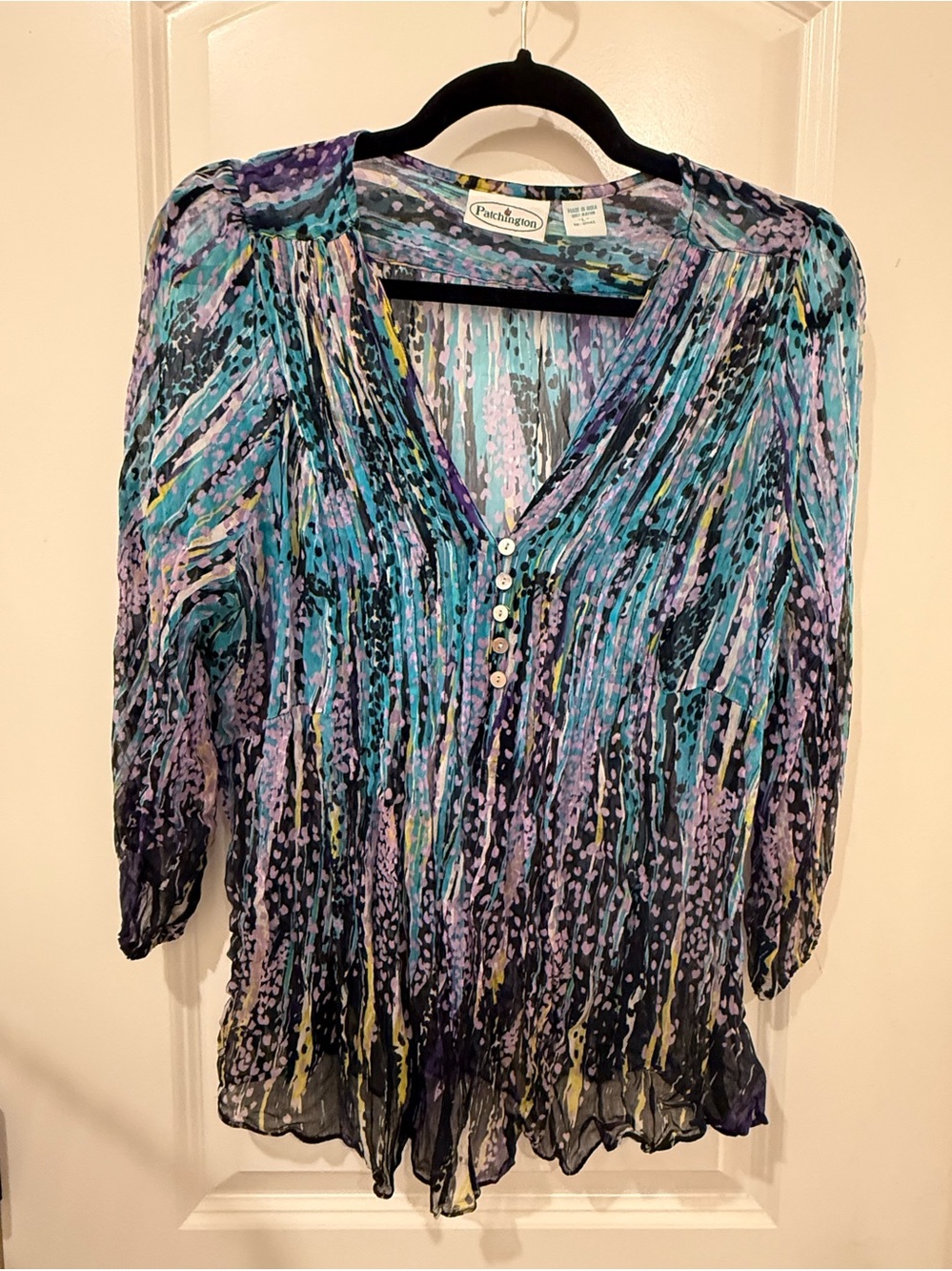Patchington Teal, Purple & Black Printed V-Neck Blouse